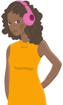 Drawing of a dark-skinned girl with pink headphones on her ears.
