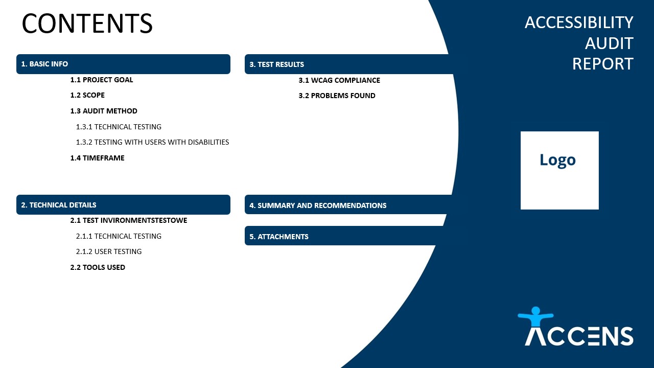 Table of contents of a sample accessibility audit report. 1) Basic info 2) Technical details 3) Test results 4) Summary and recommendations 5) Attachments