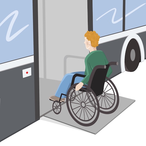 Drawing of a boy in a wheelchair entering a bus on a platform.