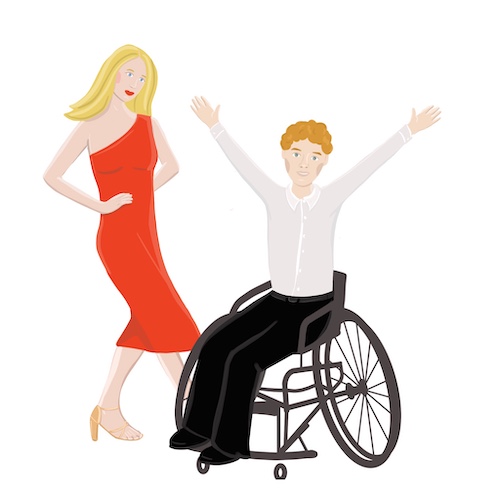 Rysunek tańczących wspólnie kobiety w czerwonej sukni i mężczyzny na wózku inwalidzkim.