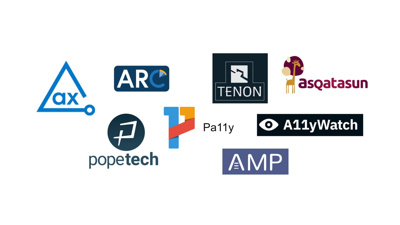 Zbiór logo narzędzi do automatycznych testów dostępności. Zawiera logo: axe, arc, pope tech, pa11y, tenon, a11ywatch, amp, asqatasun.