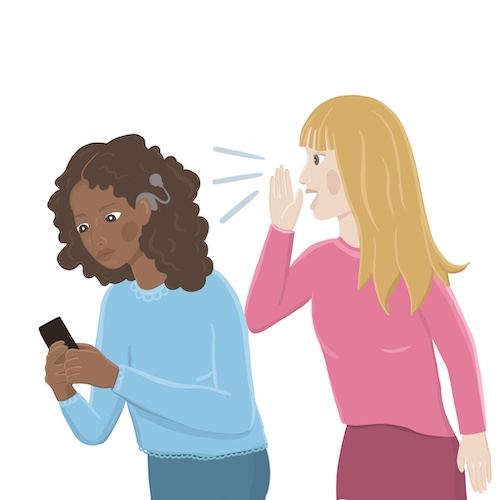 Rysunek dwóch kobiet. Jedna ma implant w uchu i patrzy w telefon, druga mówi do niej przykładając dłoń do swojego policzka.