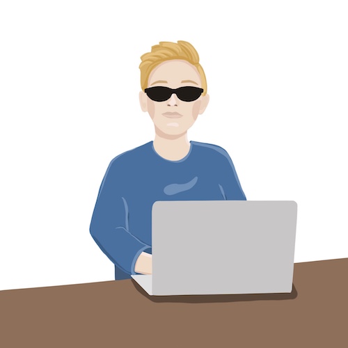 Drawing of a boy in dark glasses using a laptop.