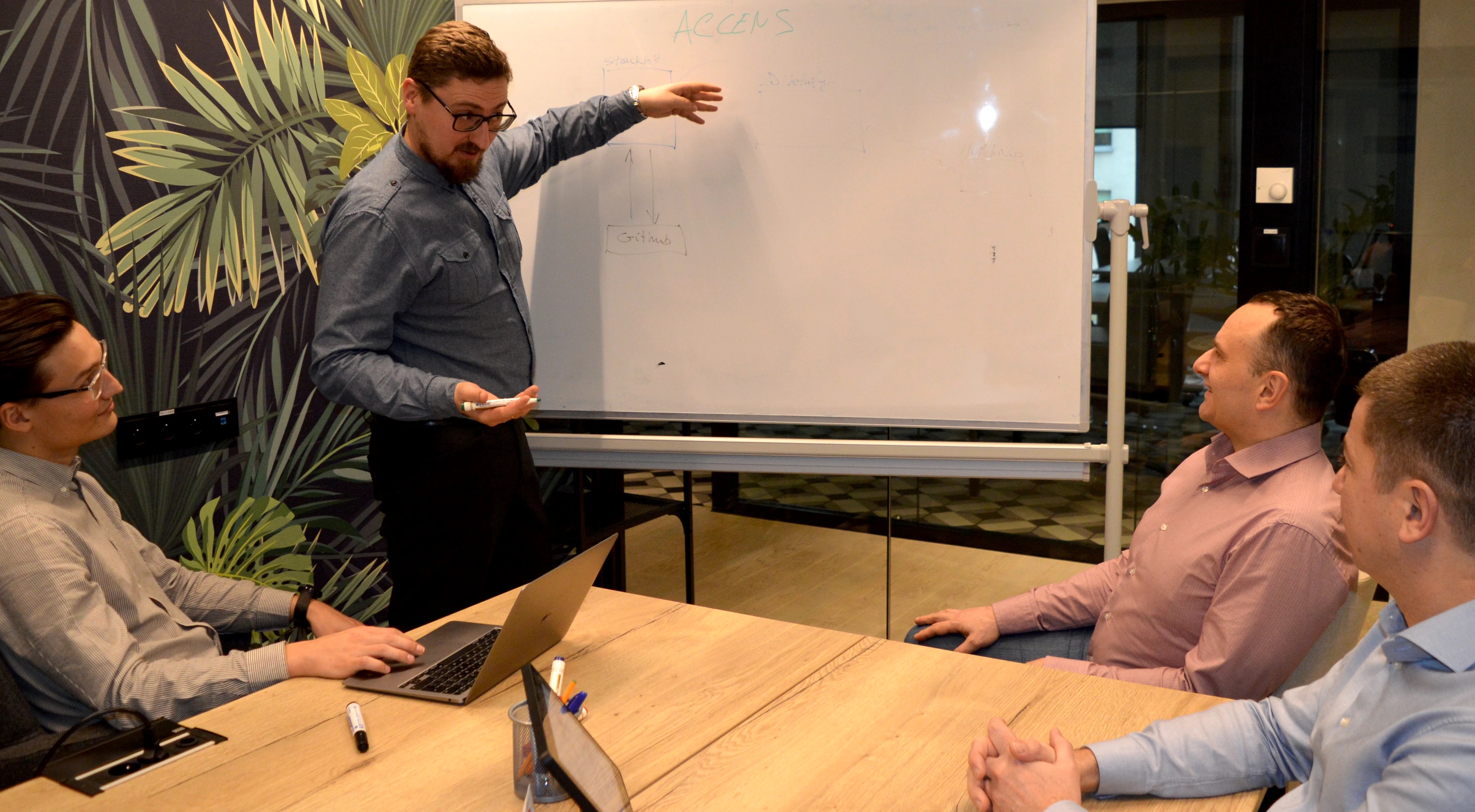 Photo of the four Accens founders in the conference room.